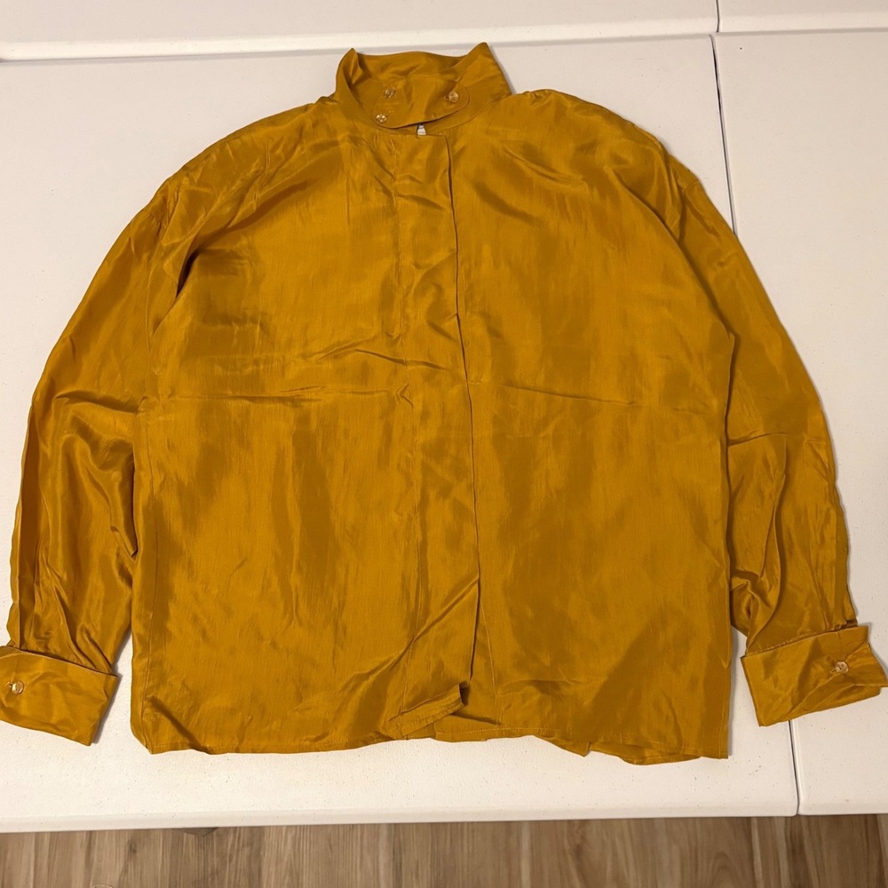 Autograph Vintage 100% Silk Blouse Mustard Gold High Neck Long Sleeve Top S g5